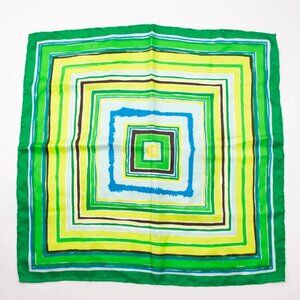 Vintage Square Silk Scarf With Hand-Rolled Edges Green Geometric Pattern
